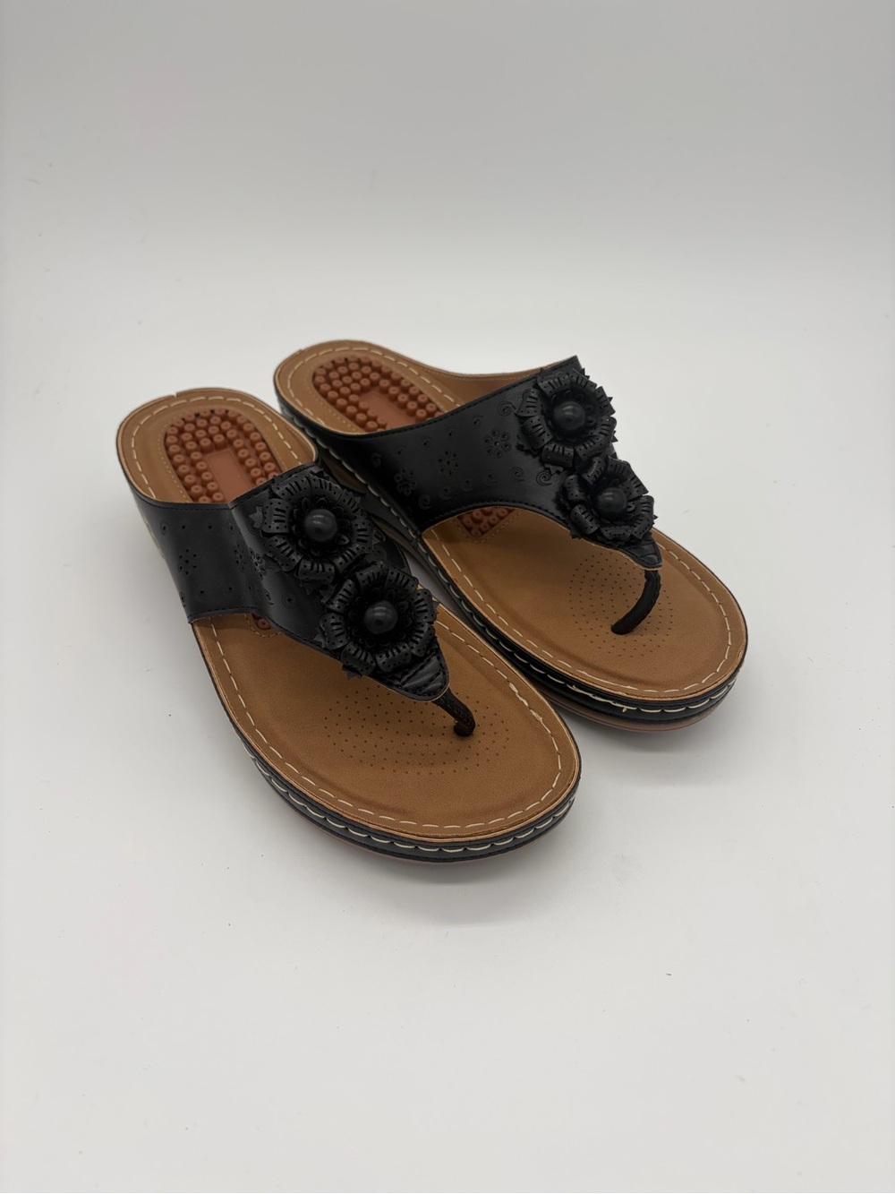 Black Floral Toe-Post Wedge Sandals with Cushioned Footbed